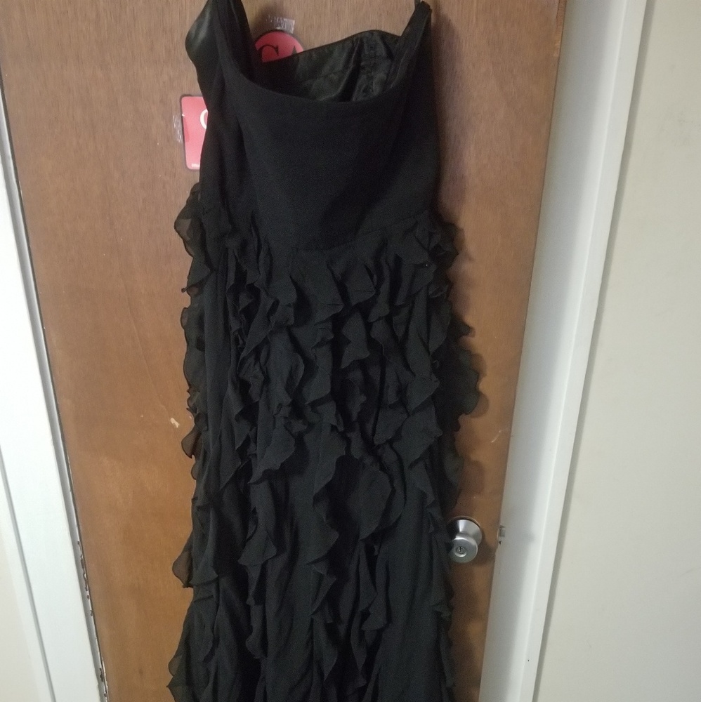 A strapless black gown